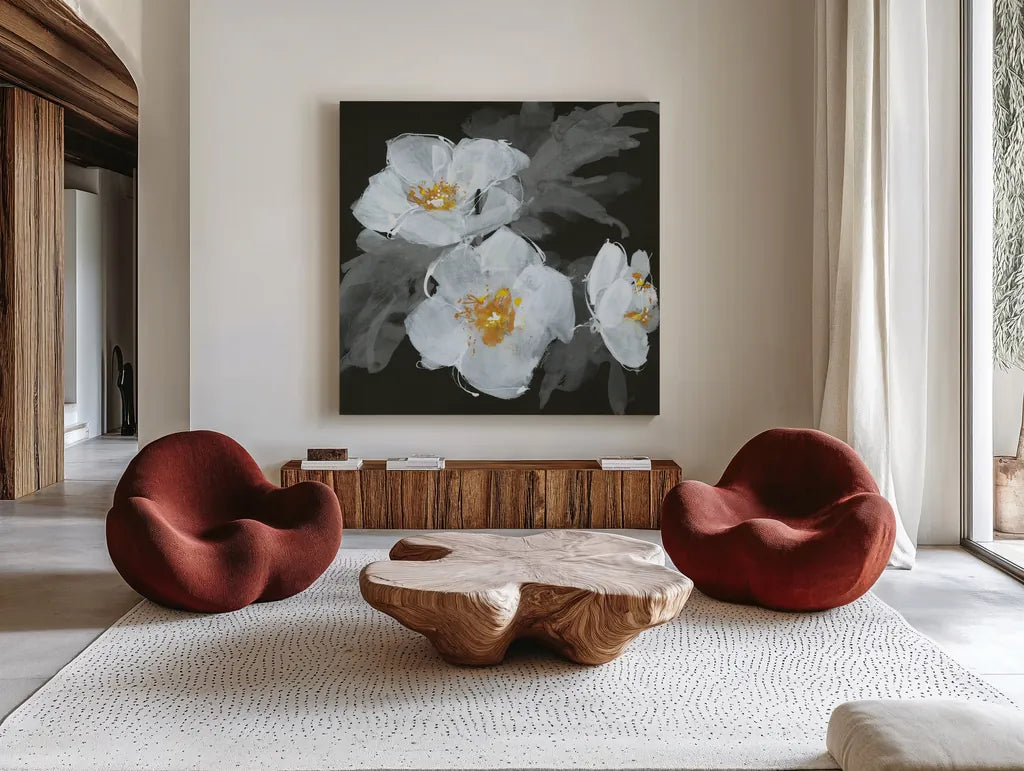 Poppies II by Chris Paschke. Shown as extra-large giant wall art in a modern living room. Available as an archival giclee rolled canvas, fine art paper, or poster print. SKU 80764a.