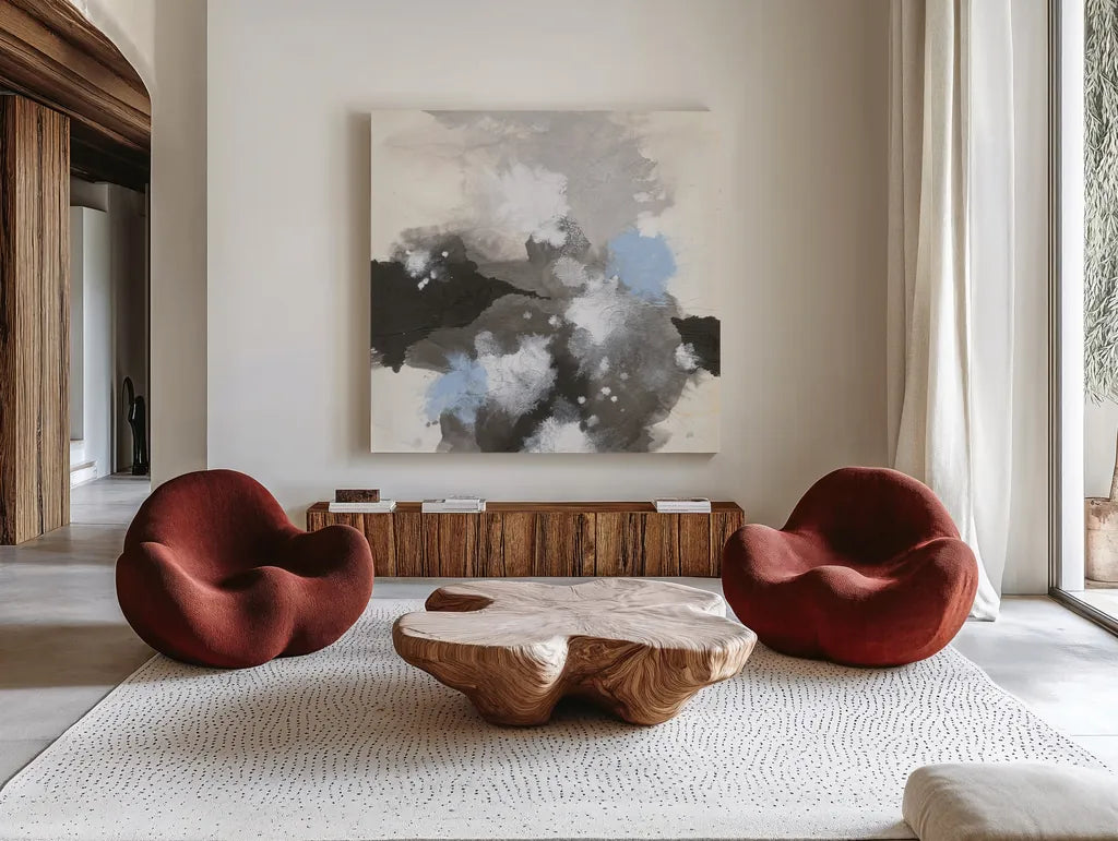 Puff of Blue I by Chris Paschke. Shown as extra-large giant wall art in a modern living room. Available as an archival giclee rolled canvas, fine art paper, or poster print. SKU 74346a.