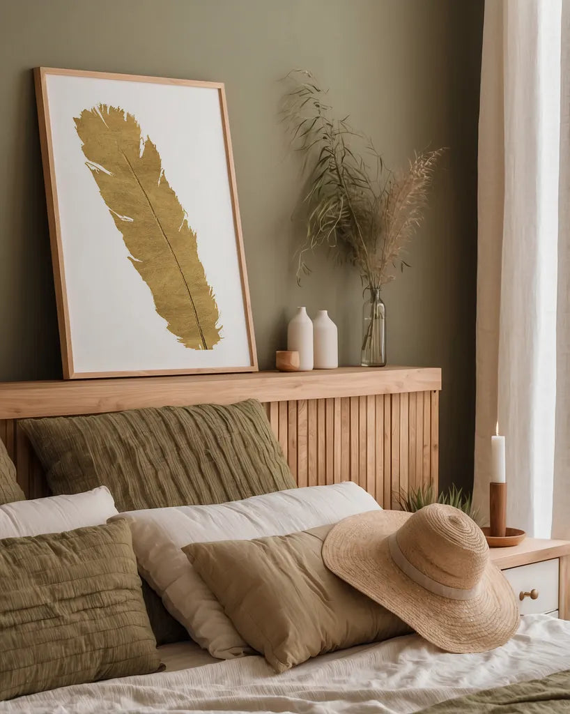 Pure Gold Feather V by Chris Paschke. shown as a paper print in a natural frame. Available as a archival giclee rolled canvas, fine art paper, or poster print. SKU 28003h.