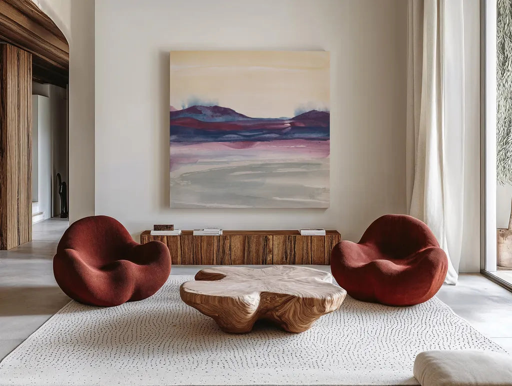 Purple Rock Dawn I by Chris Paschke. Shown as extra-large giant wall art in a modern living room. Available as an archival giclee rolled canvas, fine art paper, or poster print. SKU 24082a.