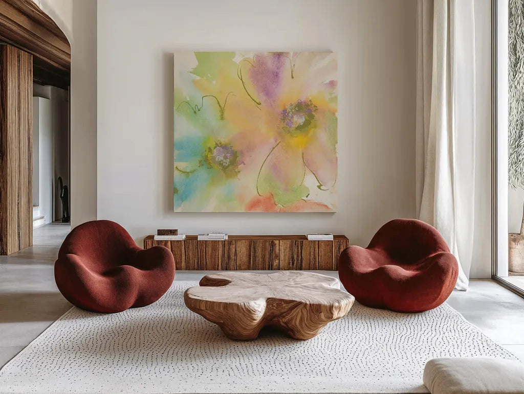 Rainbow Cosmos II by Chris Paschke. Shown as extra-large giant wall art in a modern living room. Available as an archival giclee rolled canvas, fine art paper, or poster print. SKU 24354a.