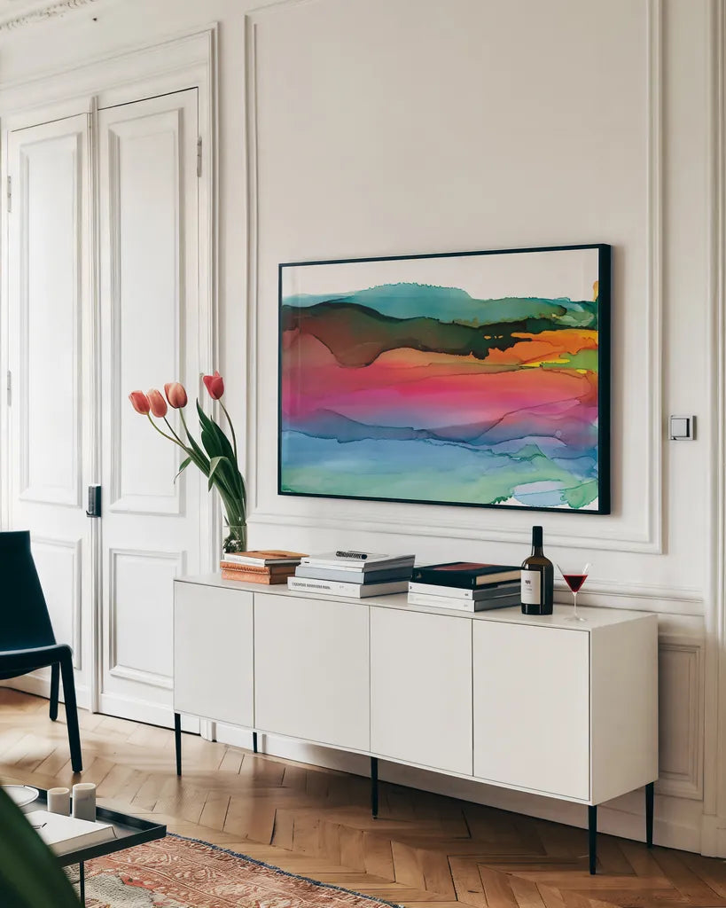 Rainbowscape I Crop by Chris Paschke. shown as a framed stretched canvas in a living room above a console. Available as a archival giclee rolled canvas, fine art paper, or poster print. SKU 81890i.
