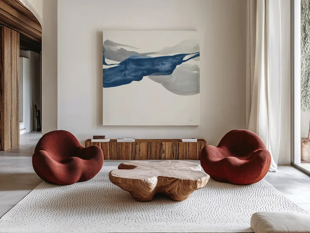 Sapphire and Gray III by Chris Paschke. Shown as extra-large giant wall art in a modern living room. Available as an archival giclee rolled canvas, fine art paper, or poster print. SKU 34714a.