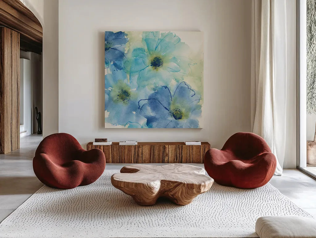 Seashell Cosmos II by Chris Paschke. Shown as extra-large giant wall art in a modern living room. Available as an archival giclee rolled canvas, fine art paper, or poster print. SKU 24334a.