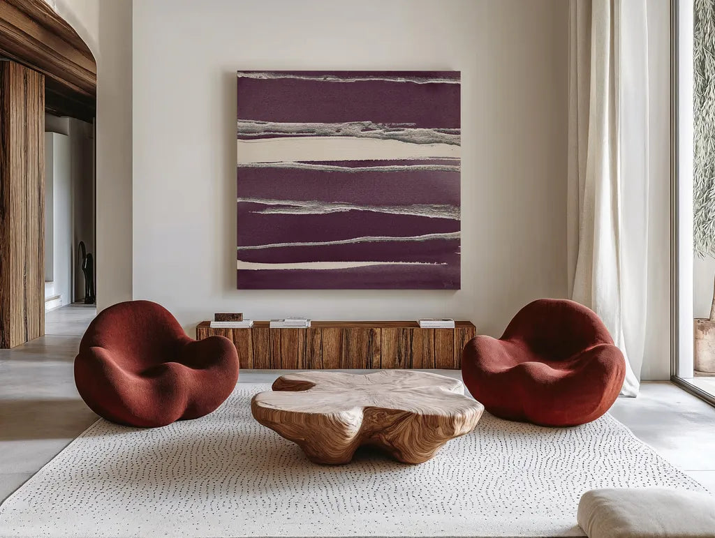Silver Rose II Purple by Chris Paschke. Shown as extra-large giant wall art in a modern living room. Available as an archival giclee rolled canvas, fine art paper, or poster print. SKU 27433a.