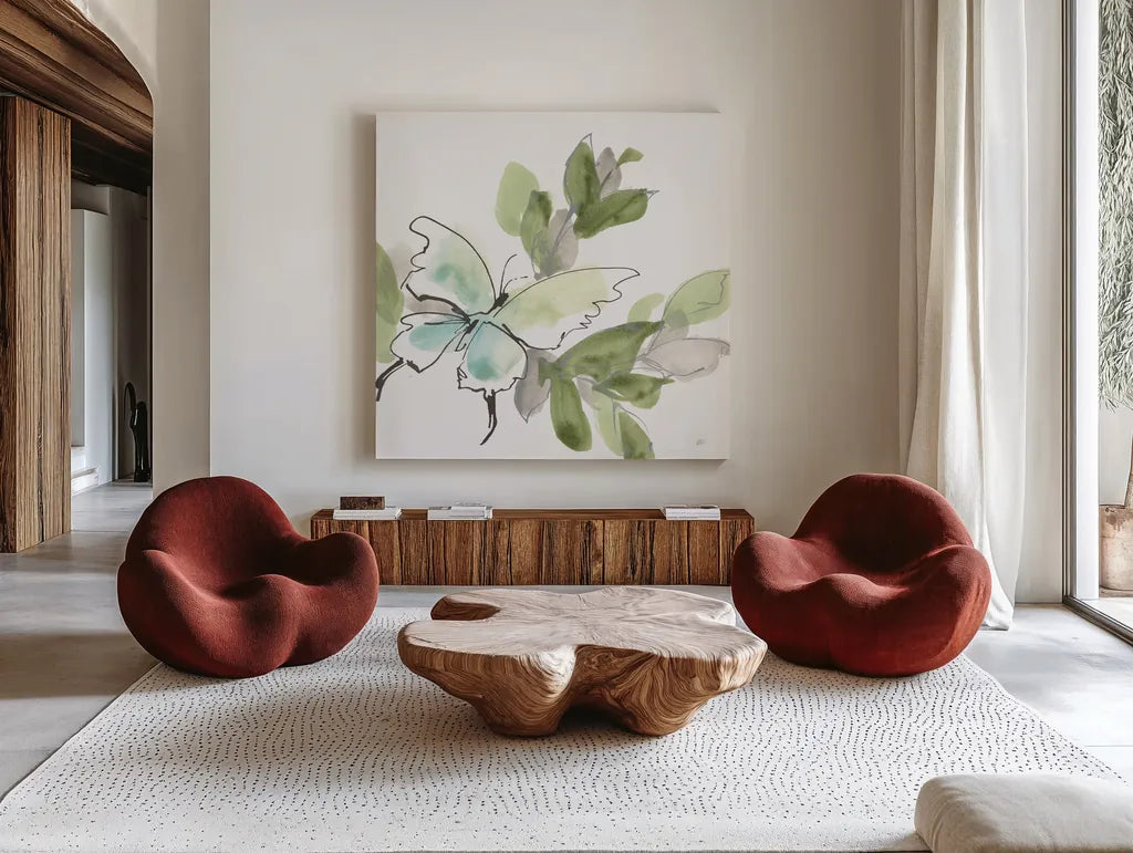 Social Butterflies V by Chris Paschke. Shown as extra-large giant wall art in a modern living room. Available as an archival giclee rolled canvas, fine art paper, or poster print. SKU 100298a.