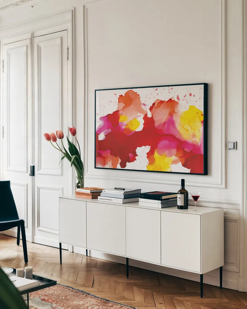 Spatter by Chris Paschke. shown as a framed stretched canvas in a living room above a console. Available as a archival giclee rolled canvas, fine art paper, or poster print. SKU 65432i.