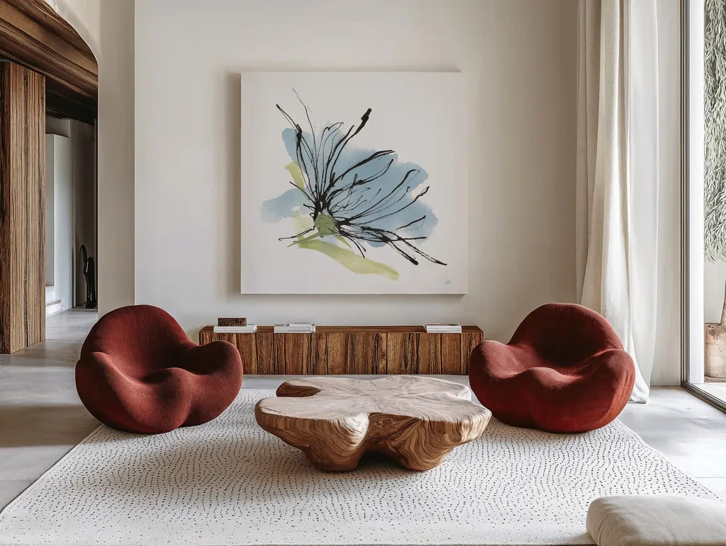 Spider Mum Blue I by Chris Paschke. Shown as extra-large giant wall art in a modern living room. Available as an archival giclee rolled canvas, fine art paper, or poster print. SKU 88098a.