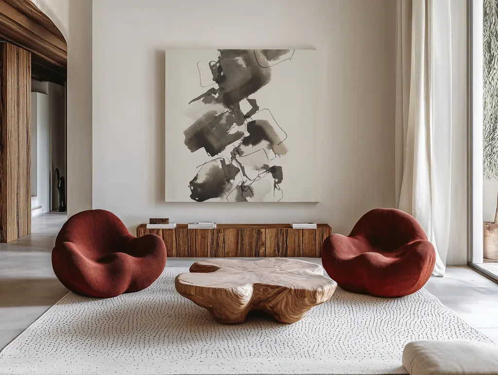 Stacked II Greige by Chris Paschke. Shown as extra-large giant wall art in a modern living room. Available as an archival giclee rolled canvas, fine art paper, or poster print. SKU 33645a.