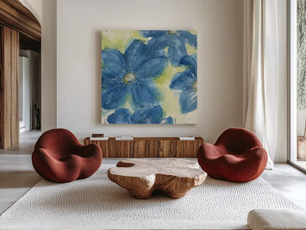 Starlight Clematis II by Chris Paschke. Shown as extra-large giant wall art in a modern living room. Available as an archival giclee rolled canvas, fine art paper, or poster print. SKU 50156a.