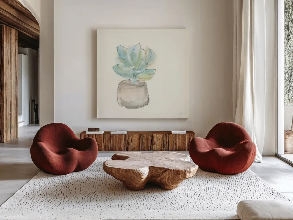 Succulent I by Chris Paschke. Shown as extra-large giant wall art in a modern living room. Available as an archival giclee rolled canvas, fine art paper, or poster print. SKU 55049a.