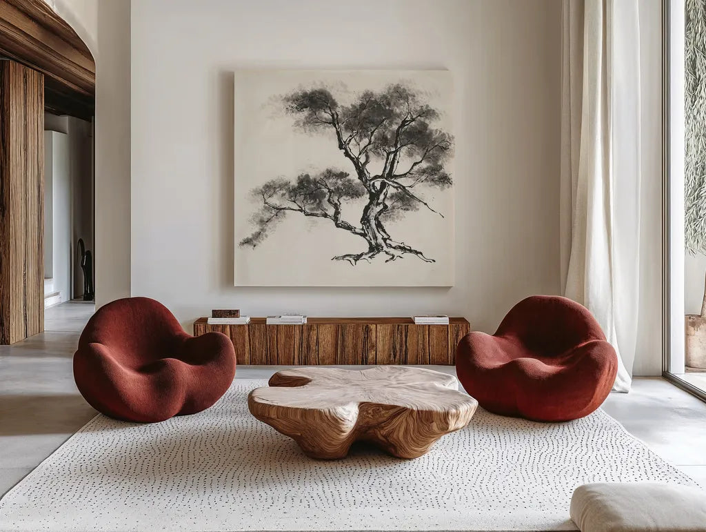 Sumi Tree II by Chris Paschke. Shown as extra-large giant wall art in a modern living room. Available as an archival giclee rolled canvas, fine art paper, or poster print. SKU 25176a.
