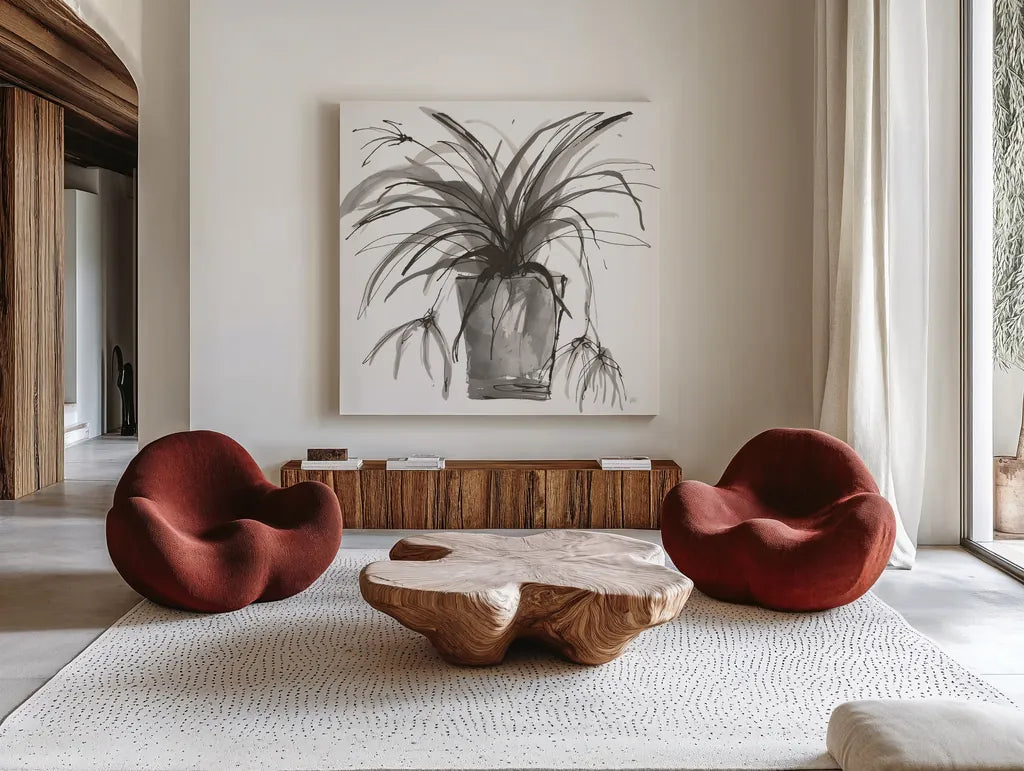 Sunroom Sketch II by Chris Paschke. Shown as extra-large giant wall art in a modern living room. Available as an archival giclee rolled canvas, fine art paper, or poster print. SKU 85521a.