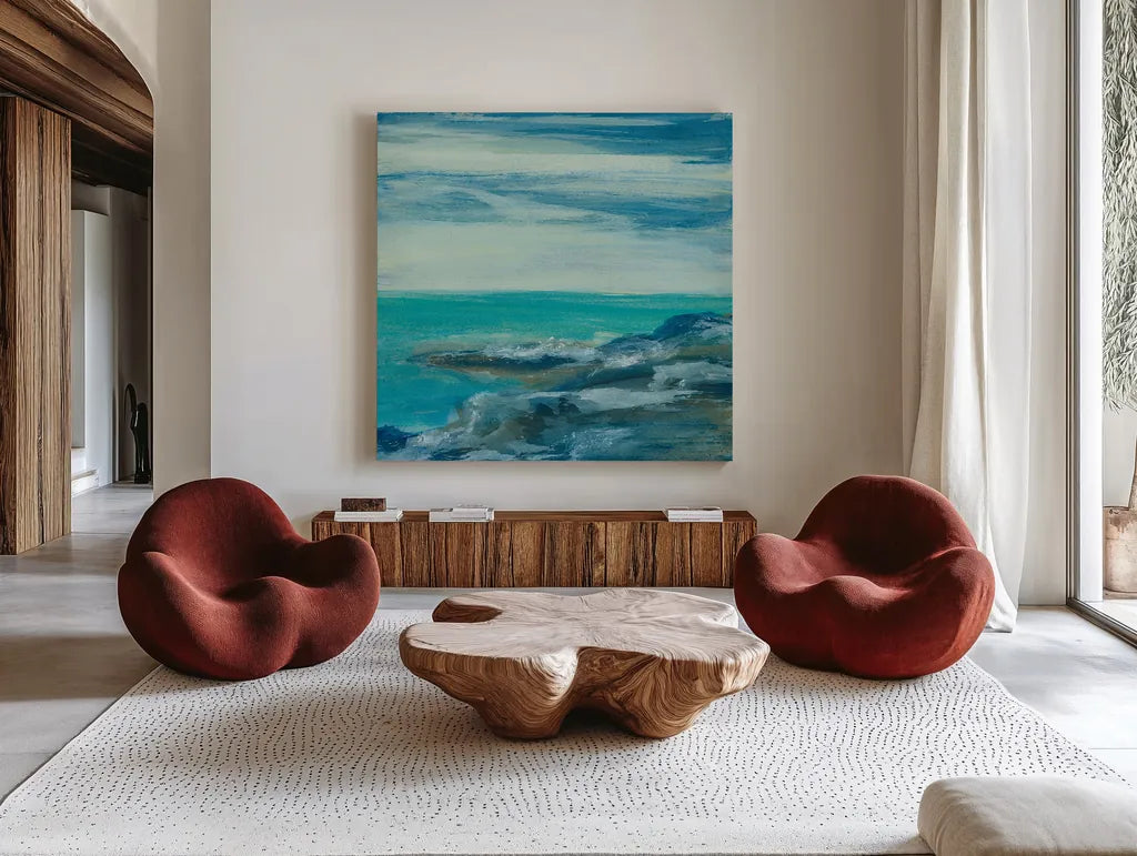 Surf by Chris Paschke. Shown as extra-large giant wall art in a modern living room. Available as an archival giclee rolled canvas, fine art paper, or poster print. SKU 14961a.