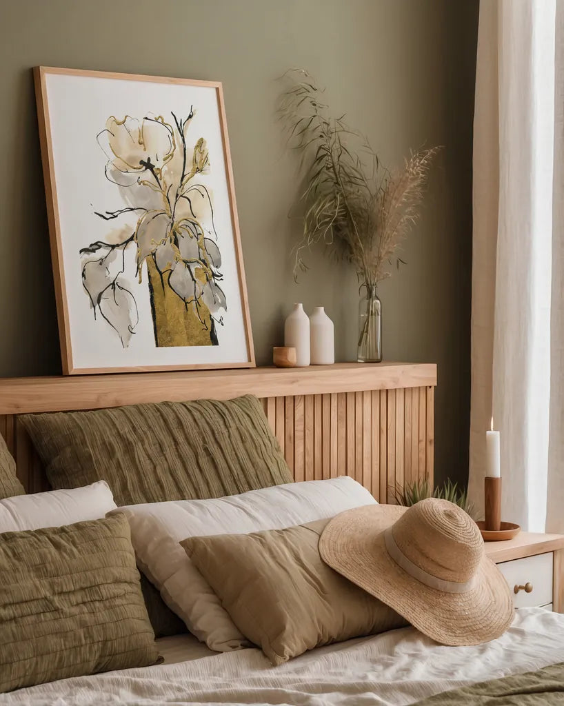 Tall Gilded Vase II by Chris Paschke. shown as a paper print in a natural frame. Available as a archival giclee rolled canvas, fine art paper, or poster print. SKU 74087h.