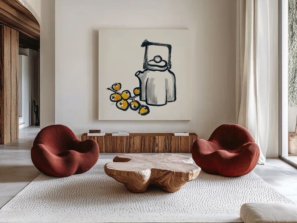 Tea and Loquats by Chris Paschke. Shown as extra-large giant wall art in a modern living room. Available as an archival giclee rolled canvas, fine art paper, or poster print. SKU 26922a.