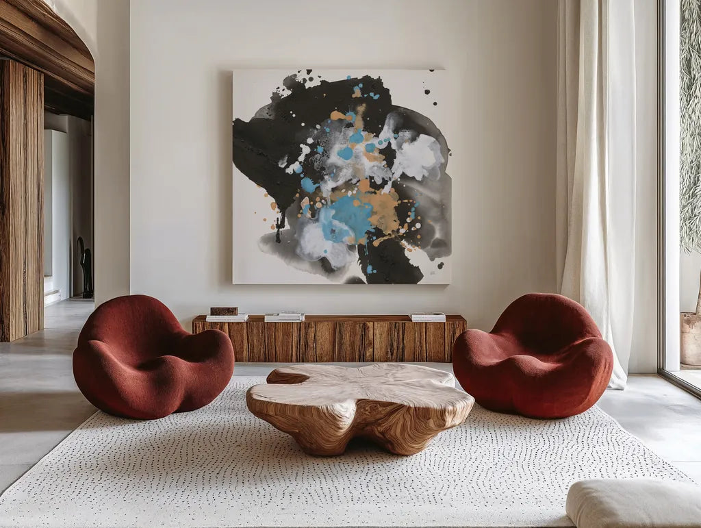 Teal Chaos I by Chris Paschke. Shown as extra-large giant wall art in a modern living room. Available as an archival giclee rolled canvas, fine art paper, or poster print. SKU 99936a.