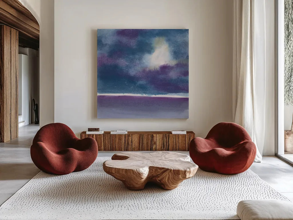 The Clouds I by Chris Paschke. Shown as extra-large giant wall art in a modern living room. Available as an archival giclee rolled canvas, fine art paper, or poster print. SKU 24074a.