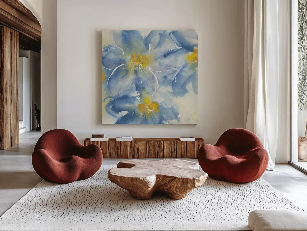 Tinted Clematis I by Chris Paschke. Shown as extra-large giant wall art in a modern living room. Available as an archival giclee rolled canvas, fine art paper, or poster print. SKU 47269a.