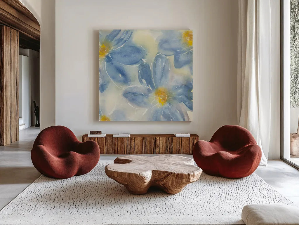 Tinted Clematis II by Chris Paschke. Shown as extra-large giant wall art in a modern living room. Available as an archival giclee rolled canvas, fine art paper, or poster print. SKU 47270a.