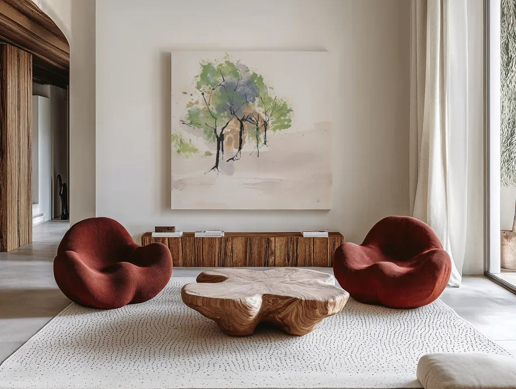 Tinted Treescape I by Chris Paschke. Shown as extra-large giant wall art in a modern living room. Available as an archival giclee rolled canvas, fine art paper, or poster print. SKU 89505a.