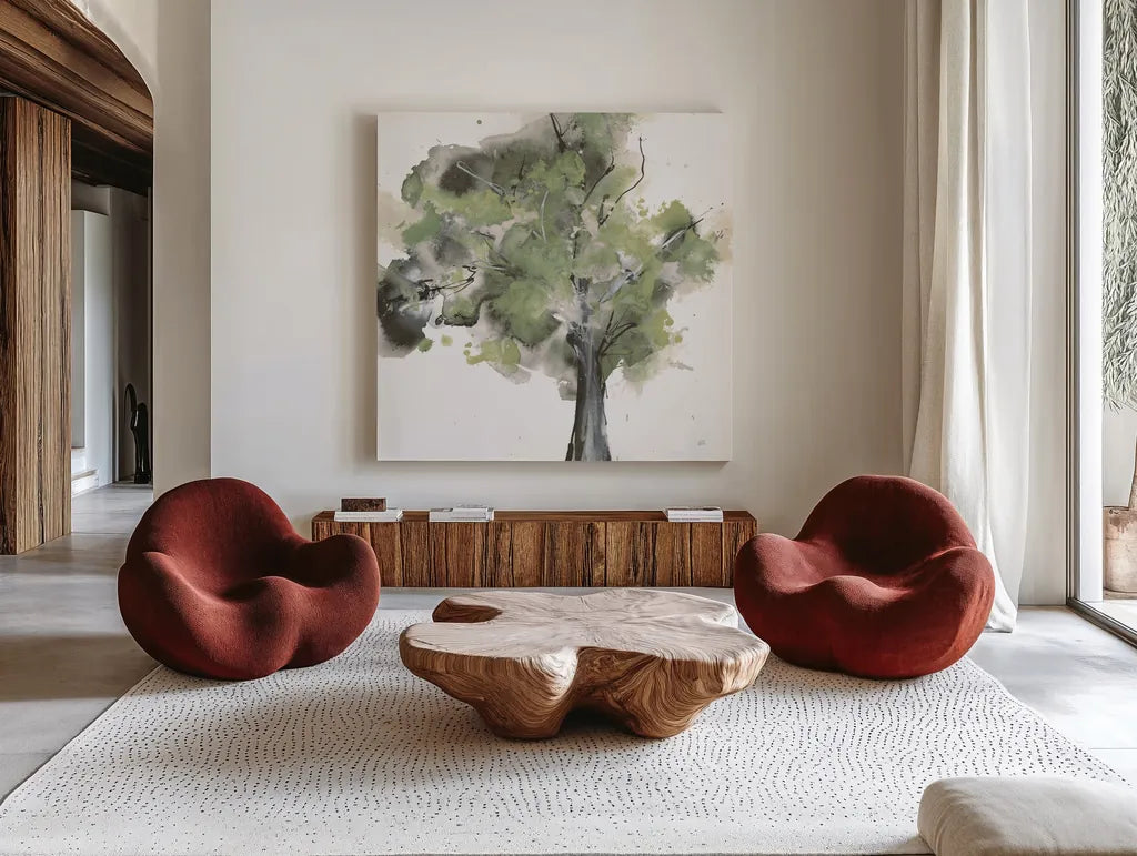 Treetops II Sage by Chris Paschke. Shown as extra-large giant wall art in a modern living room. Available as an archival giclee rolled canvas, fine art paper, or poster print. SKU 88711a.