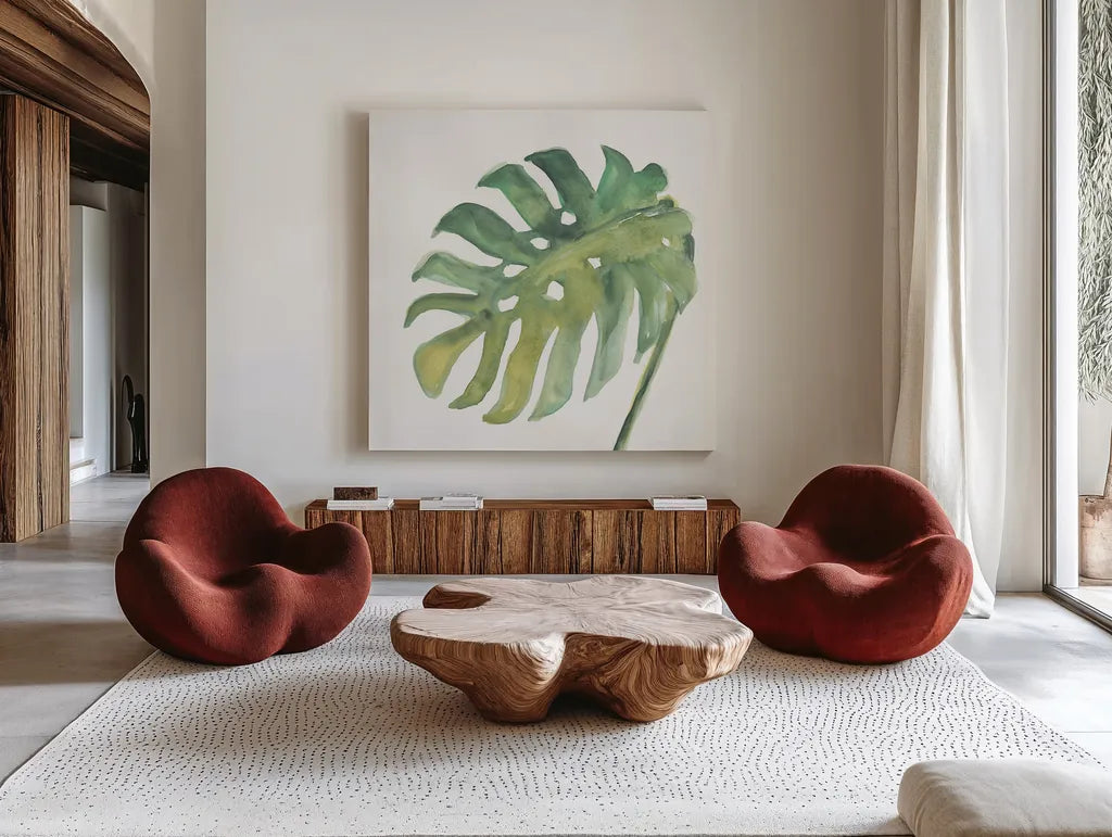 Tropical Palm IV by Chris Paschke. Shown as extra-large giant wall art in a modern living room. Available as an archival giclee rolled canvas, fine art paper, or poster print. SKU 22676a.