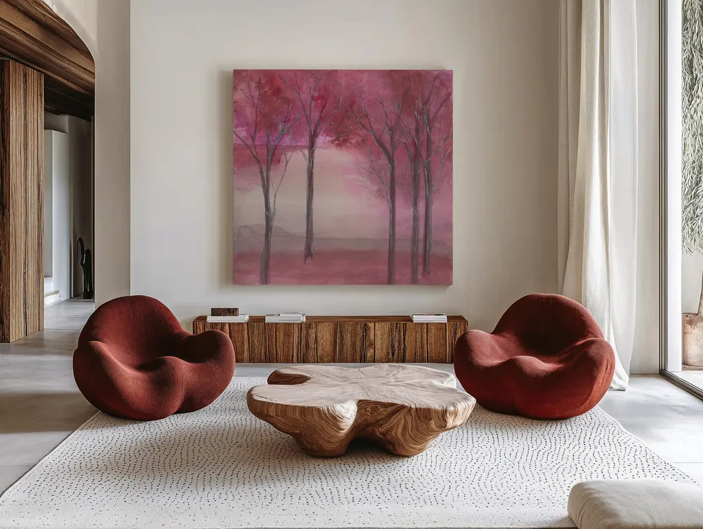 Under the Trees by Chris Paschke. Shown as extra-large giant wall art in a modern living room. Available as an archival giclee rolled canvas, fine art paper, or poster print. SKU 23958a.