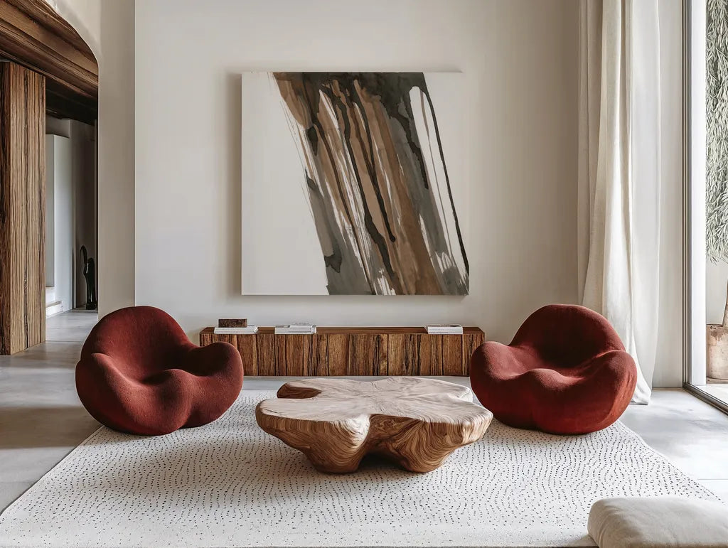 Walnut Falls I by Chris Paschke. Shown as extra-large giant wall art in a modern living room. Available as an archival giclee rolled canvas, fine art paper, or poster print. SKU 78287a.