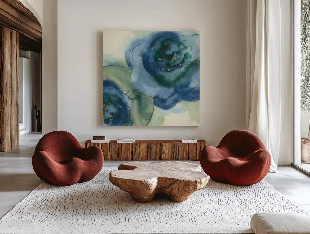 Wannabe Poppies II by Chris Paschke. Shown as extra-large giant wall art in a modern living room. Available as an archival giclee rolled canvas, fine art paper, or poster print. SKU 34716a.