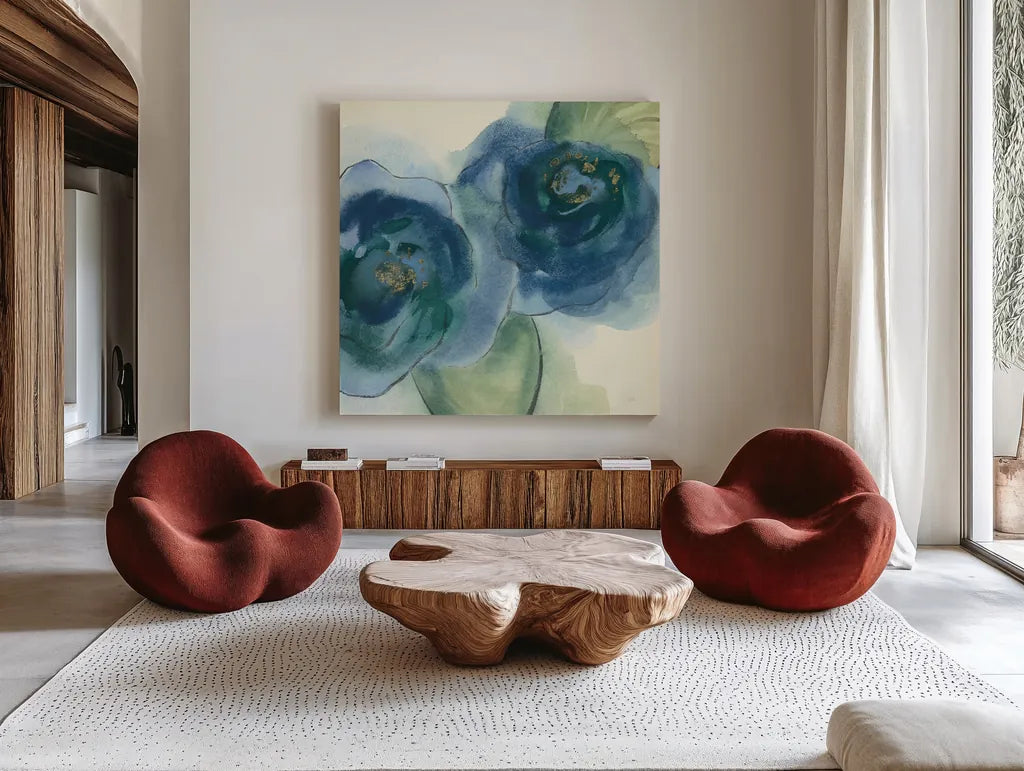 Wannabe Poppies IV by Chris Paschke. Shown as extra-large giant wall art in a modern living room. Available as an archival giclee rolled canvas, fine art paper, or poster print. SKU 34718a.