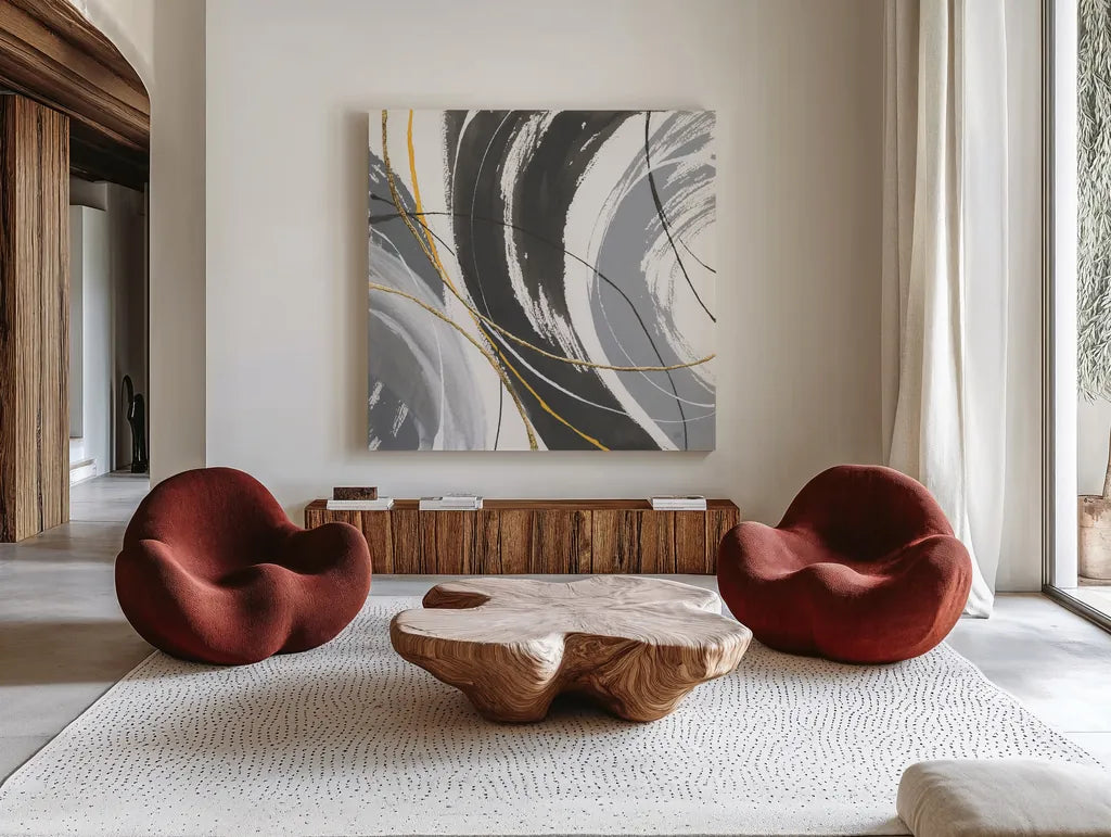 Webbed III by Chris Paschke. Shown as extra-large giant wall art in a modern living room. Available as an archival giclee rolled canvas, fine art paper, or poster print. SKU 88084a.