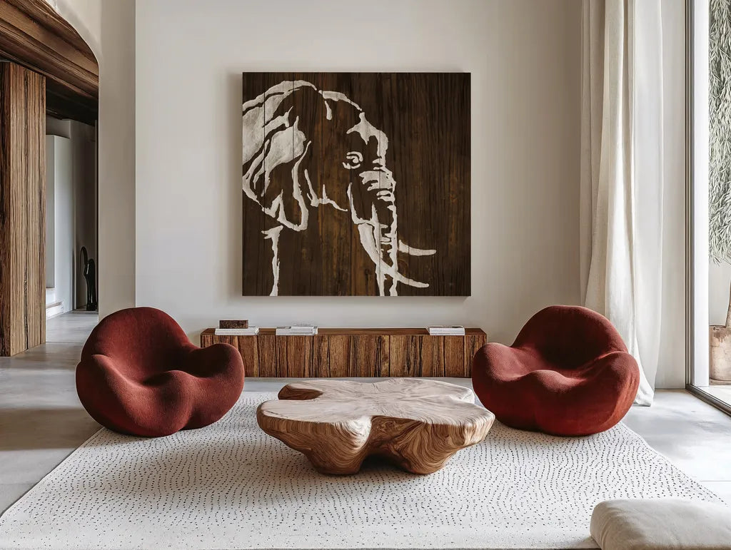 White Elephant on Dark Wood by Chris Paschke. Shown as extra-large giant wall art in a modern living room. Available as an archival giclee rolled canvas, fine art paper, or poster print. SKU 50036a.