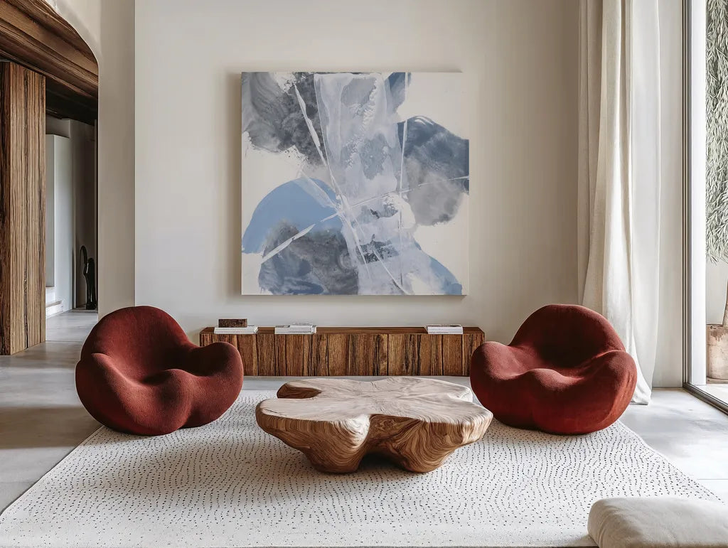 White Line Blues I by Chris Paschke. Shown as extra-large giant wall art in a modern living room. Available as an archival giclee rolled canvas, fine art paper, or poster print. SKU 74342a.