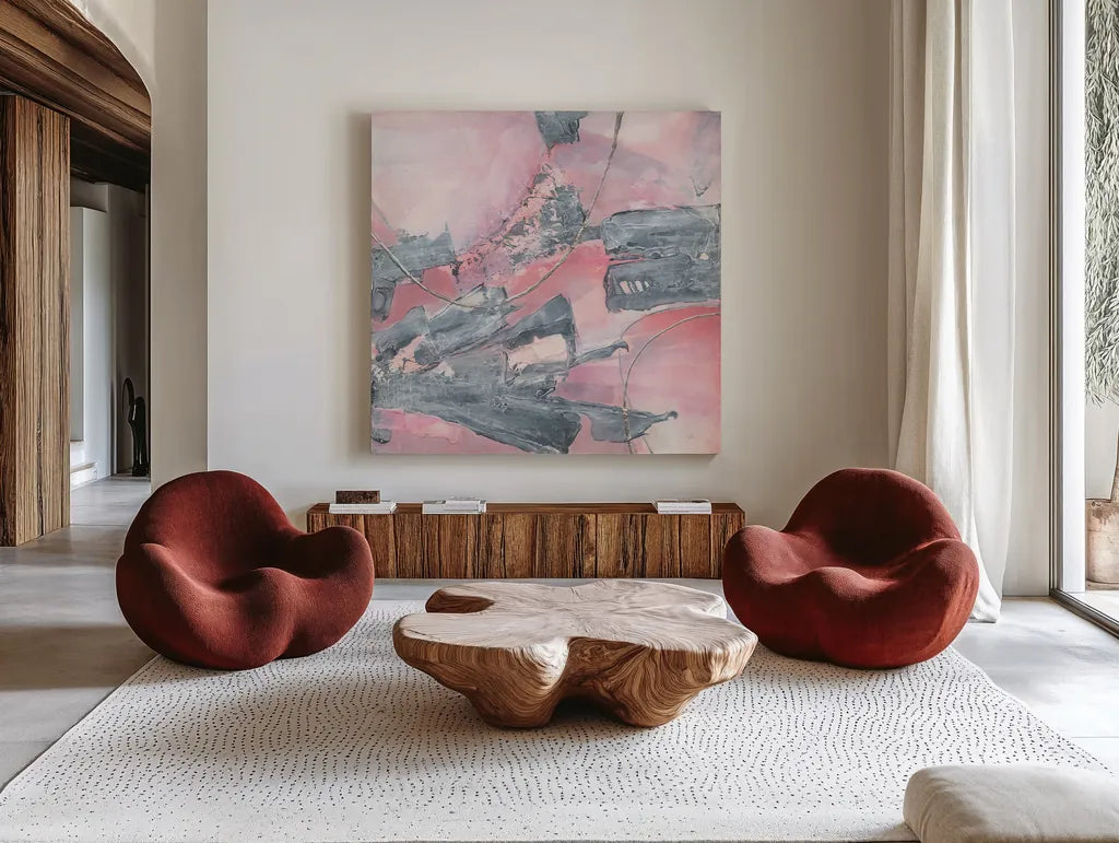 Whitewashed Blush III by Chris Paschke. Shown as extra-large giant wall art in a modern living room. Available as an archival giclee rolled canvas, fine art paper, or poster print. SKU 34723a.