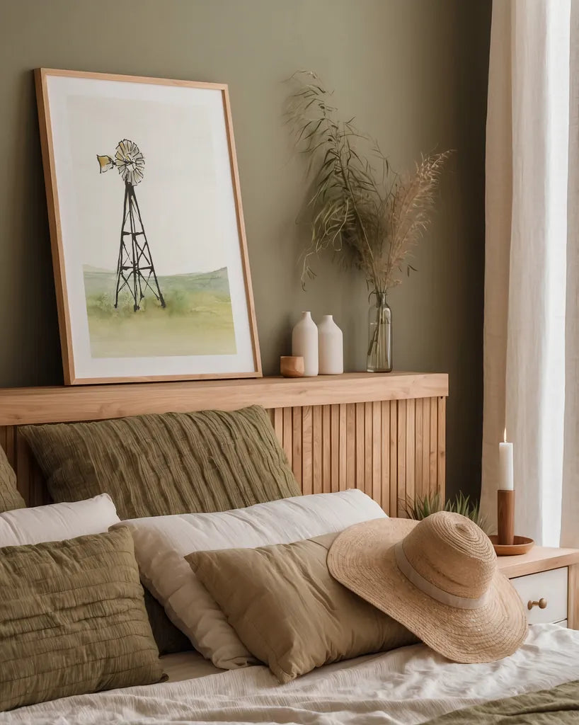 Windmill Landscape I by Chris Paschke. shown as a paper print in a natural frame. Available as a archival giclee rolled canvas, fine art paper, or poster print. SKU 76898h.