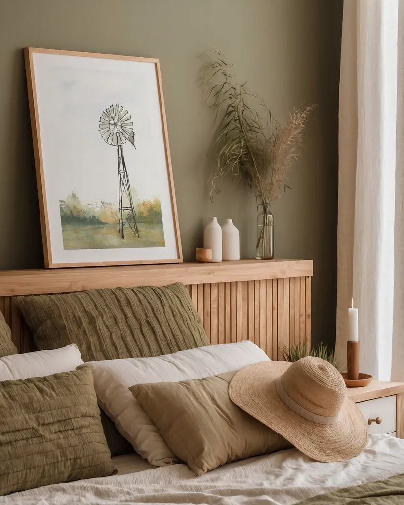 Windmill Landscape II by Chris Paschke. shown as a paper print in a natural frame. Available as a archival giclee rolled canvas, fine art paper, or poster print. SKU 76899h.