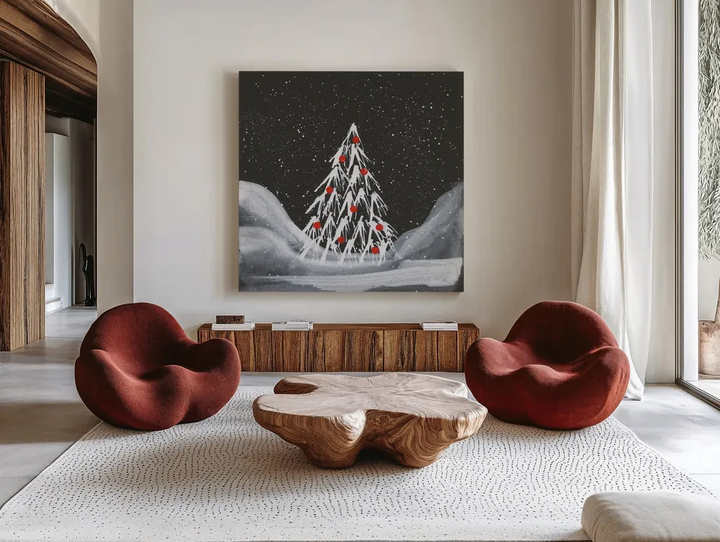 Winter White I by Chris Paschke. Shown as extra-large giant wall art in a modern living room. Available as an archival giclee rolled canvas, fine art paper, or poster print. SKU 83118a.