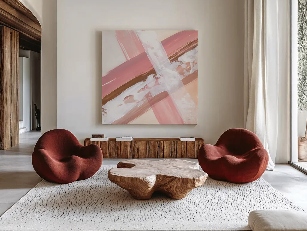 Woven I by Chris Paschke. Shown as extra-large giant wall art in a modern living room. Available as an archival giclee rolled canvas, fine art paper, or poster print. SKU 82445a.