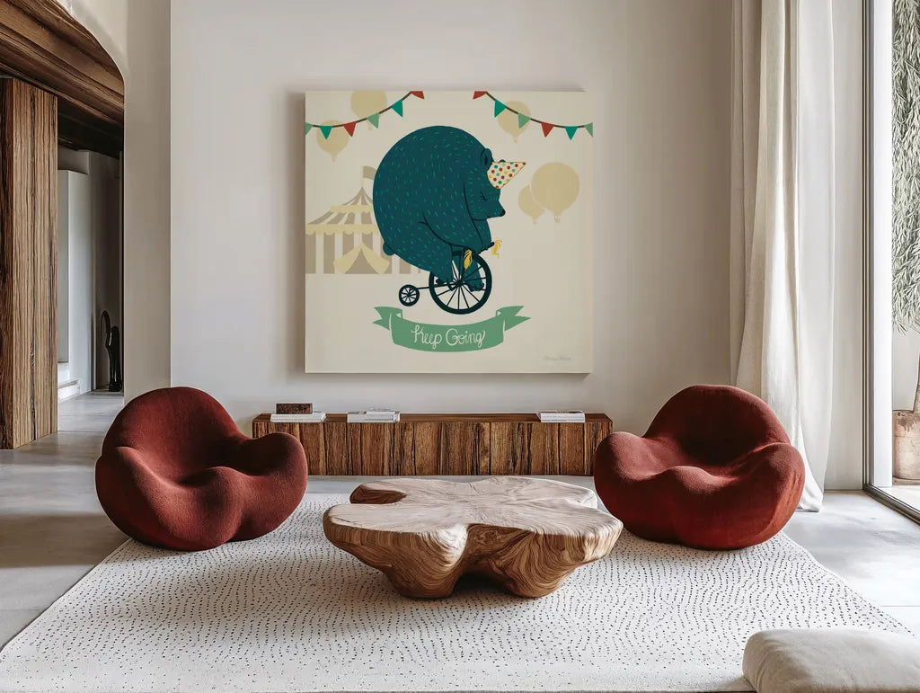 Little Circus Bear by Cleonique Hilsaca. Shown as extra-large giant wall art in a modern living room. Available as an archival giclee rolled canvas, fine art paper, or poster print. SKU 28369a.