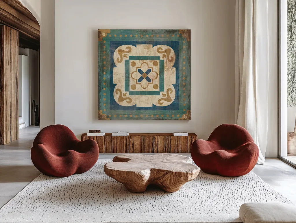 Moroccan Tiles Blue XII by Cleonique Hilsaca. Shown as extra-large giant wall art in a modern living room. Available as an archival giclee rolled canvas, fine art paper, or poster print. SKU 38577a.