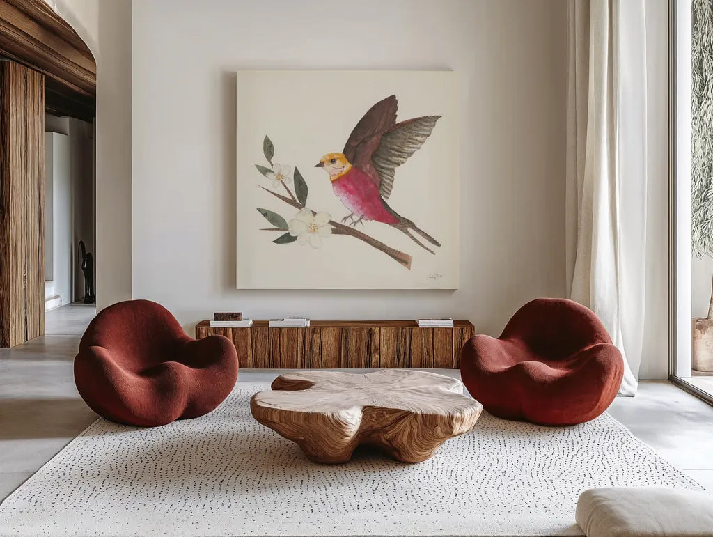Birds and Blossoms IV by Courtney Prahl. Shown as extra-large giant wall art in a modern living room. Available as an archival giclee rolled canvas, fine art paper, or poster print. SKU 62483a.