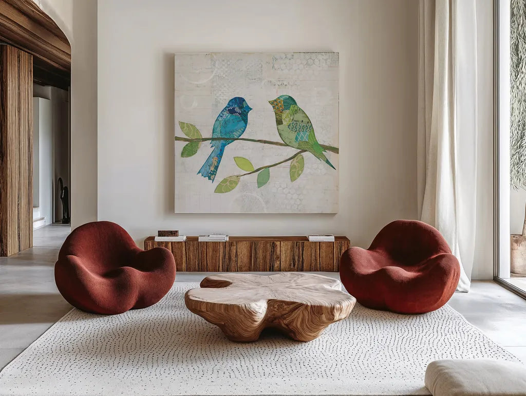 Catching Up III by Courtney Prahl. Shown as extra-large giant wall art in a modern living room. Available as an archival giclee rolled canvas, fine art paper, or poster print. SKU 25204a.
