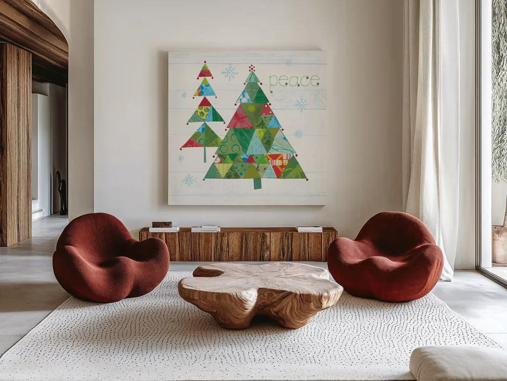 Christmas Patchwork IV by Courtney Prahl. Shown as extra-large giant wall art in a modern living room. Available as an archival giclee rolled canvas, fine art paper, or poster print. SKU 38469a.