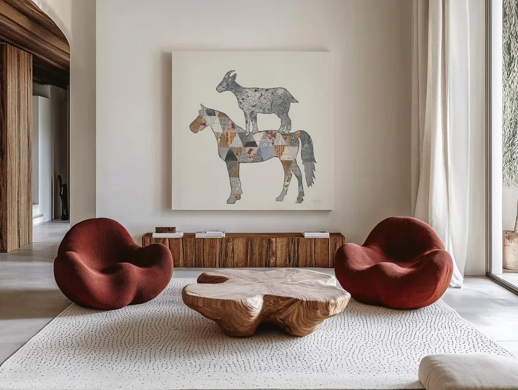 Farm Sweet Farm Element IV by Courtney Prahl. Shown as extra-large giant wall art in a modern living room. Available as an archival giclee rolled canvas, fine art paper, or poster print. SKU 43223a.