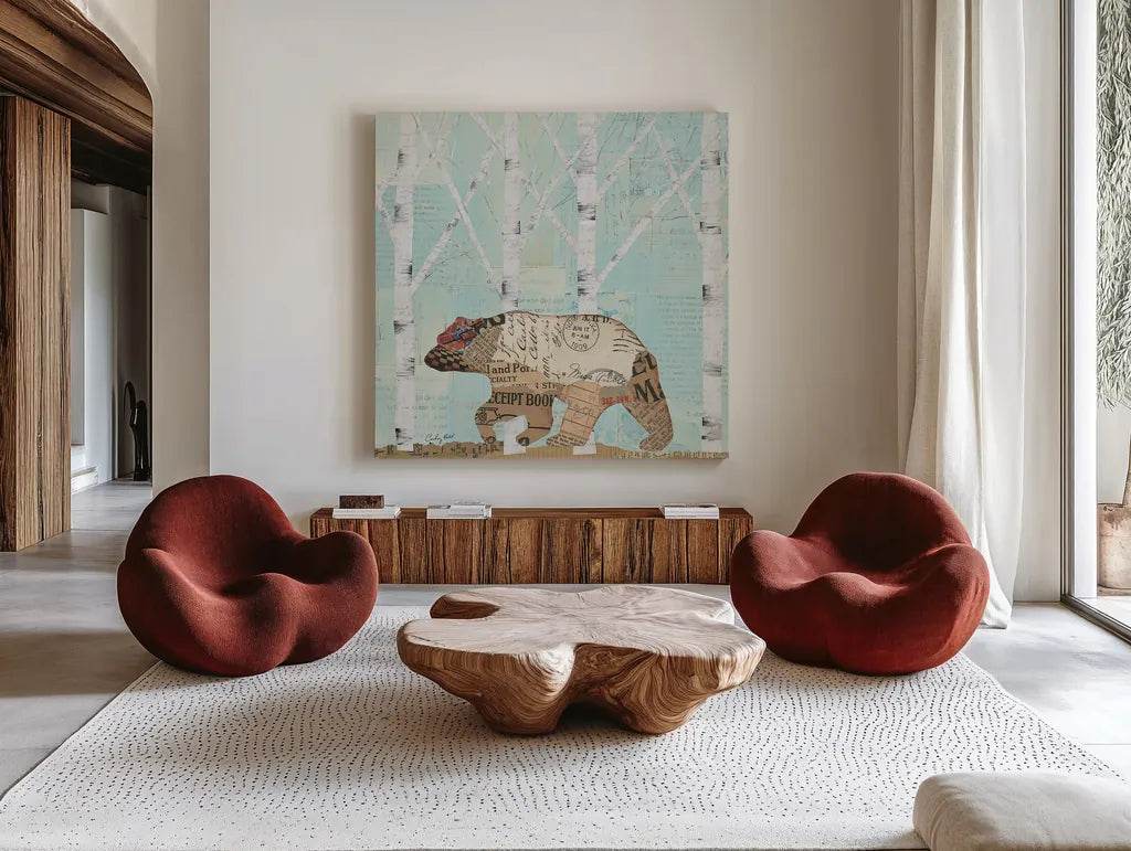 In the Forest II by Courtney Prahl. Shown as extra-large giant wall art in a modern living room. Available as an archival giclee rolled canvas, fine art paper, or poster print. SKU 22965a.