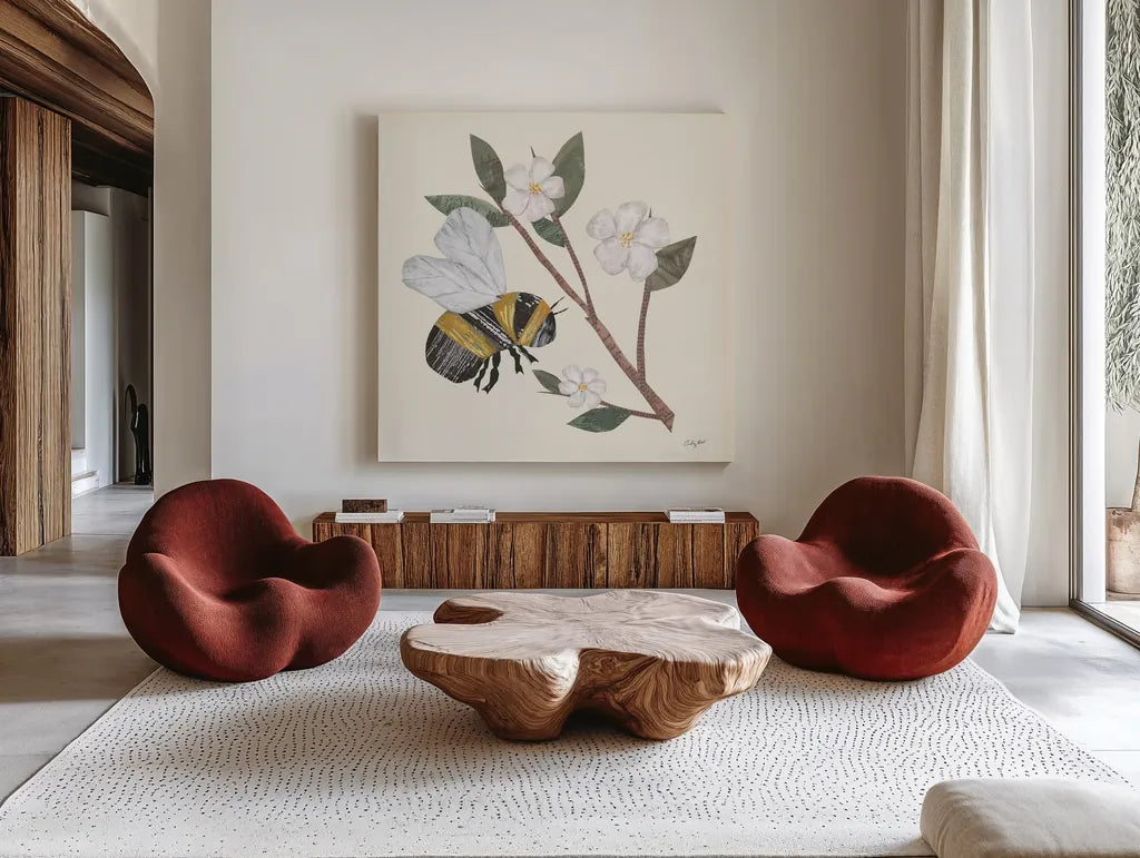 In the Garden Bee II by Courtney Prahl. Shown as extra-large giant wall art in a modern living room. Available as an archival giclee rolled canvas, fine art paper, or poster print. SKU 78281a.