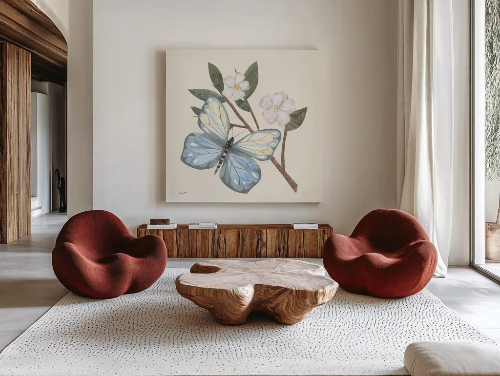 In the Garden Butterfly by Courtney Prahl. Shown as extra-large giant wall art in a modern living room. Available as an archival giclee rolled canvas, fine art paper, or poster print. SKU 68237a.