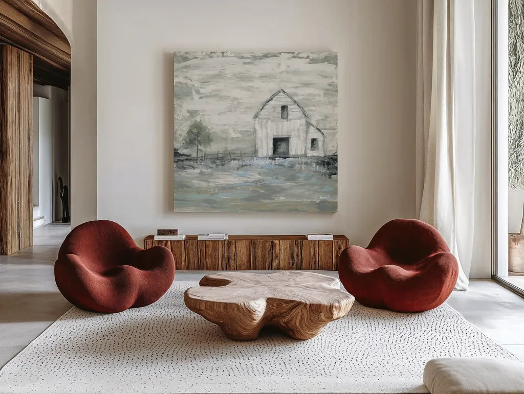 Iowa Barn II by Courtney Prahl. Shown as extra-large giant wall art in a modern living room. Available as an archival giclee rolled canvas, fine art paper, or poster print. SKU 61962a.