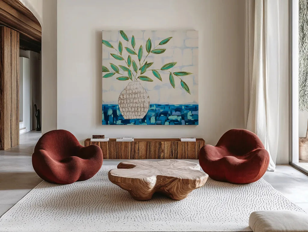 Joyful Leaves by Courtney Prahl. Shown as extra-large giant wall art in a modern living room. Available as an archival giclee rolled canvas, fine art paper, or poster print. SKU 97649a.